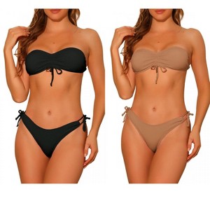 Elerevyo Women's Strapless Drawstring Bandeau Solid Lace Up Swimwear Bathing Suits 2 Sets - 1 of 4