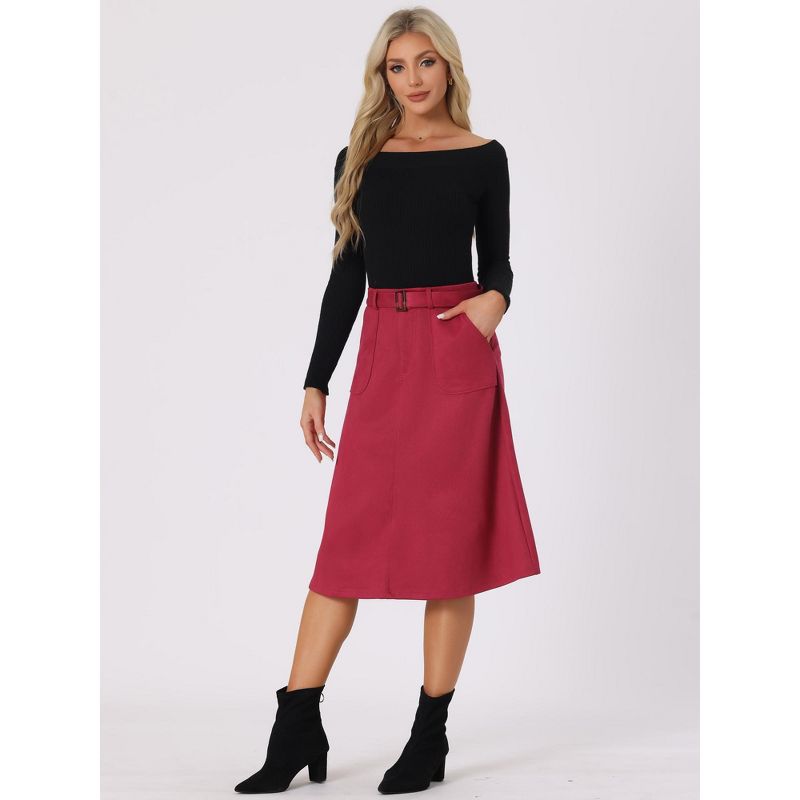 Allegra K Women's Casual Faux Suede Pockets Stretch A-line Midi Skirt with Belt, 2 of 6