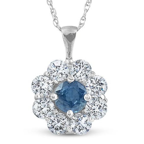 14K White Gold Blue Sapphire and Diamond Halo Necklace