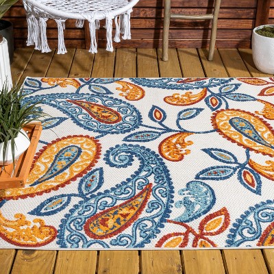 Boho Paisley Blue and Orange 4' x 6' Synthetic Indoor/Outdoor Rug