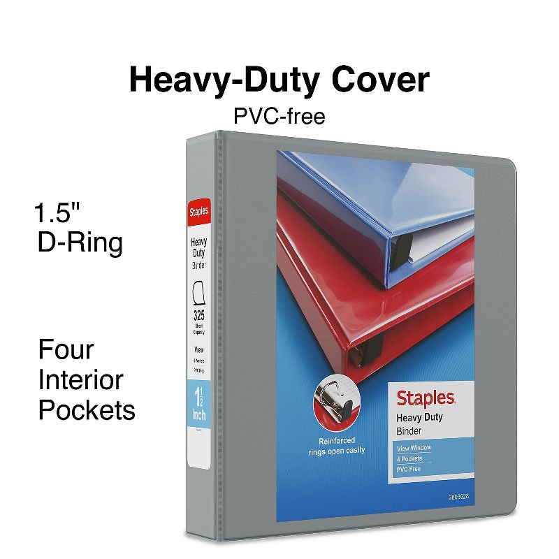 1-1/2" Staples Heavy-Duty View Binder with D-Rings Light Gray 976037, 2 of 9