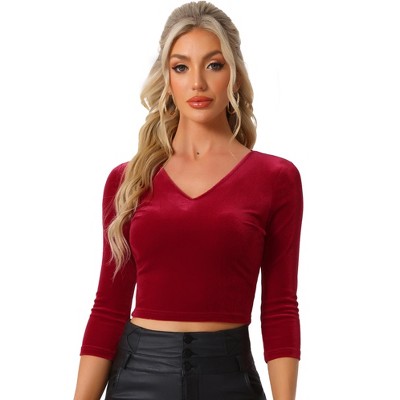 INSPIRE CHIC Women's Velvet V Neck 3/4 Sleeve Solid Crop Top