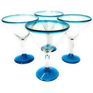 Dos Sueños Mexican Hand Blown  Modern Margarita Glasses - Aqua Rim - 12oz - Set of 4 - 1 of 4