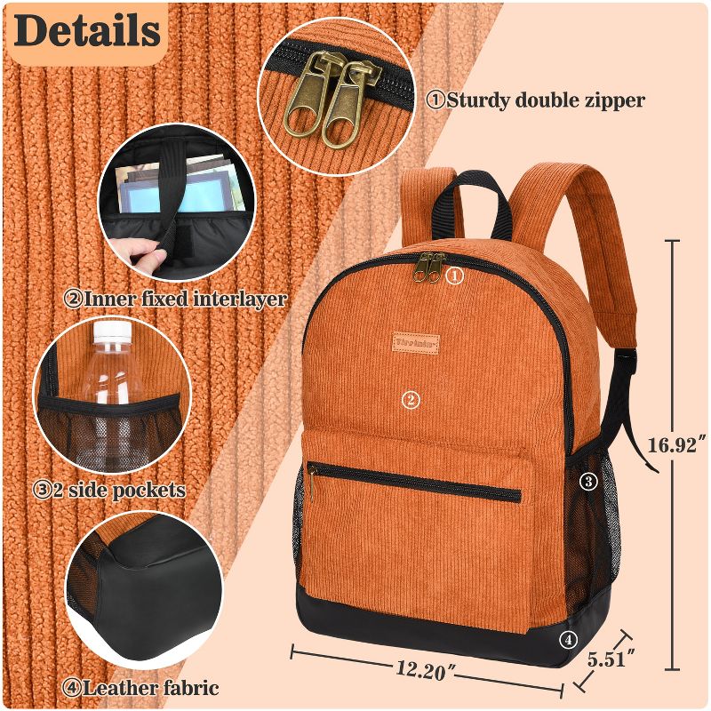 Tirrinia Corduroy School Backpack -Daily Student Class Bookpack- Large Travel Laptop Bag for Teen Girls & Boys, Orange, 2 of 8