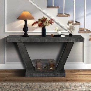 60" Rectangular Wood Console Table with Distressed Finish,Double-Tier Open Storage, Vintage Farmhouse Entryway Table-Cuddlewood - 1 of 4