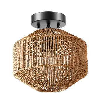Lotus 1-Light Matte Black Flush Mount Ceiling Light with Paper Twine Shade - Globe Electric