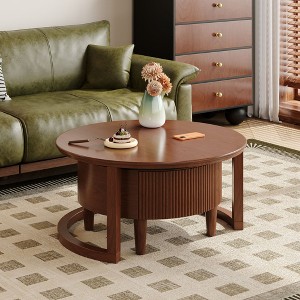 CAVINAS 31.5" Round Nesting Coffee Table Set of 2,Tea Table with Black & Walnut Top,Fluted Drawer,Walnut 2-Tier Storage Center Table for Small Spaces - 1 of 4