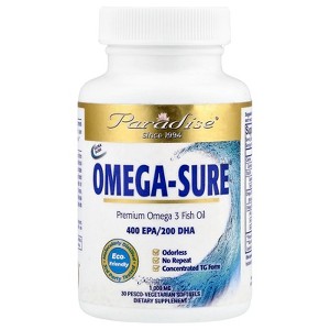 Paradise Herbs Omega Sure®, Premium Omega-3 Fish Oil, 1,000 mg, 30 Pesco Vegetarian Softgels - 1 of 4