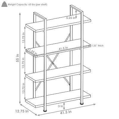 Oak Gray 4-Tier Adjustable Industrial Bookshelf with Steel Frame
