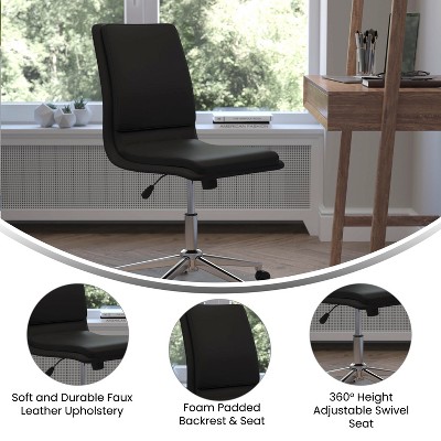 Ergonomic Black LeatherSoft Armless Swivel Task Chair with Chrome Base