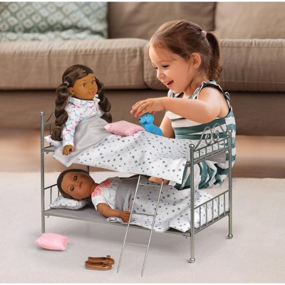 Silver Metal Doll Bunk Bed with Pink and White Bedding