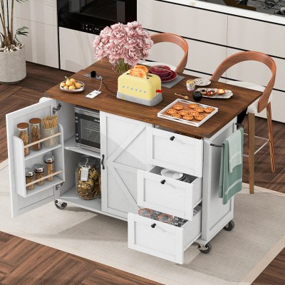 JUJABU 54.5 in. W Farmhouse Kitchen Island with Power Outlet, Internal Storage Rack