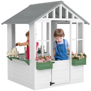 Outsunny Playhouse for Kids Outdoor, Wooden Playhouse with Doors, Windows, Planter Pots and Boxes for Toddlers 3-8 Years, Backyard, Indoor - 1 of 4