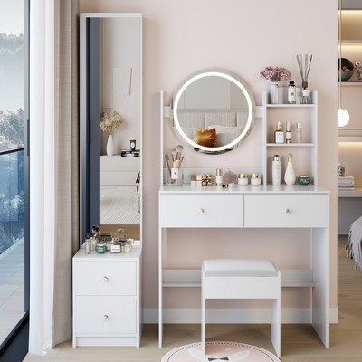 VYNXARIA Full Body Mirror Cabinet&Round Mirror Vanity Table&Cushioned Stool,Large Desktop, Multi-layer High Capacity Storage,White