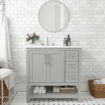 Gray Composite Freestanding Bathroom Vanity with White Stone Top