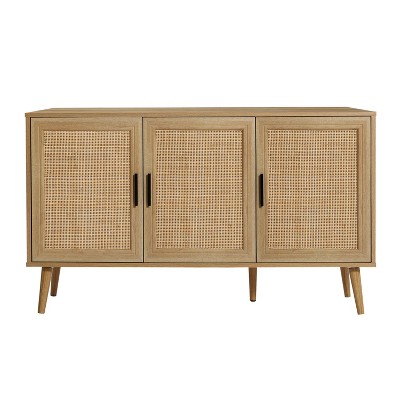 LuxenHome Rattan Buffet Cabinet with Storage, 47" Light Oak Finish Wood Accent Sideboard Cabinet with 3-Door, Boho Coffee Bar Console Table