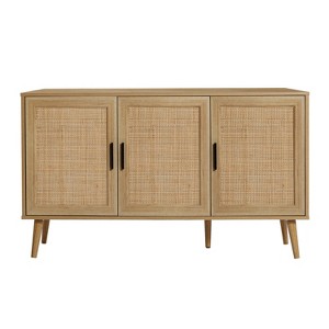 LuxenHome Rattan Buffet Cabinet with Storage, 47" Light Oak Finish Wood Accent Sideboard Cabinet with 3-Door, Boho Coffee Bar Console Table - 1 of 4