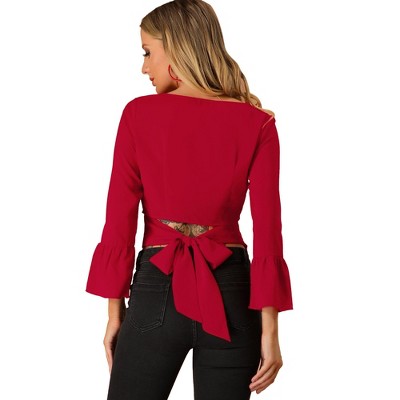 INSPIRE CHIC Women's Flare Sleeve Bow Tie Back Lightweight Party Blouse Top