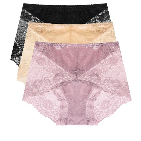 Agnes Orinda Women's 3 Pack Underwear Soft Briefs Lace Panties Black Beige  Purple Medium : Target