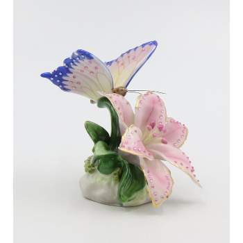 Kevins Gift Shoppe Ceramic Glittering Butterfly and Lily Flower in Bloom Figurine