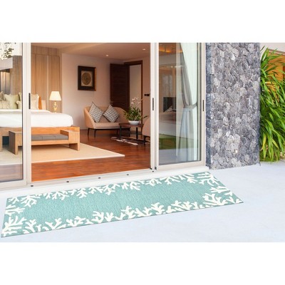 Coral Border Aqua Hand-Tufted Wool Rug, 2x8 ft