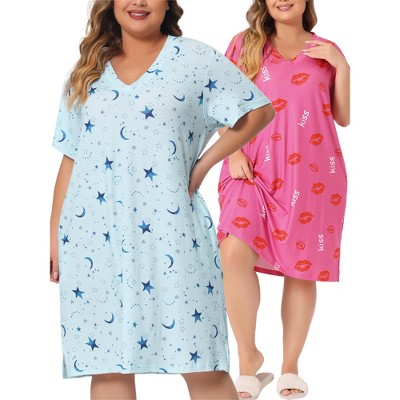 Agnes Orinda Women's Plus Size Comfort Pattern V Neck Short Sleeve Packs Casual Nightgowns