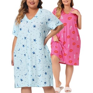 Agnes Orinda Women's Plus Size Comfort Pattern V Neck Short Sleeve Packs Casual Nightgowns - 1 of 4