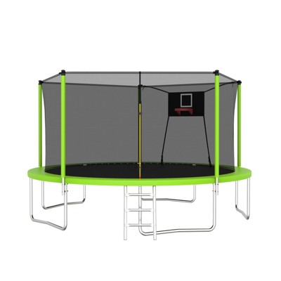 VisioGear 14FT Trampoline with Safety Enclosure Net, Trampoline with Basketball Hoop, Green, 168"*168"*108"
