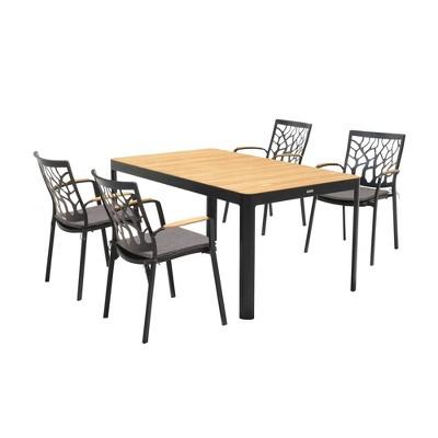 5pc Portals Outdoor Dining Table Set in Black Finish and Natural Teak Wood Accent Top - Armen Living