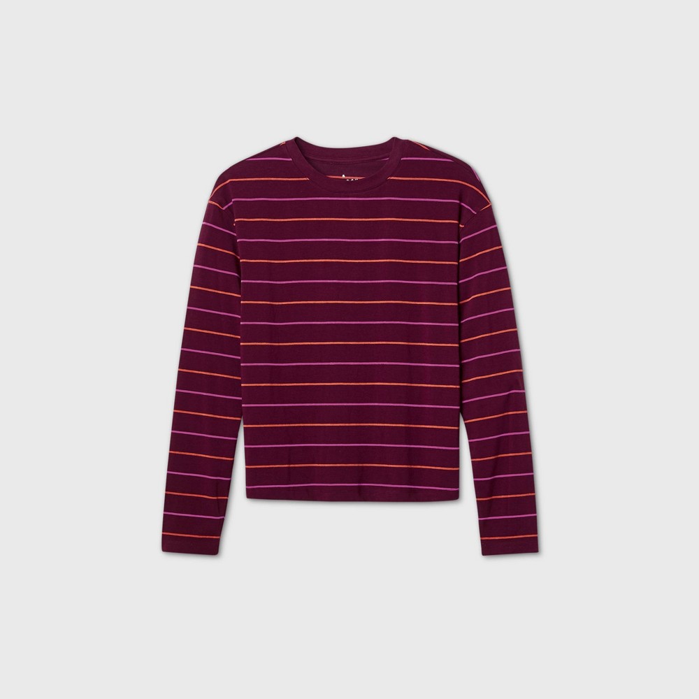 Women's Striped Slim Fit Long Sleeve T-Shirt - A New Day Burgundy M, Red