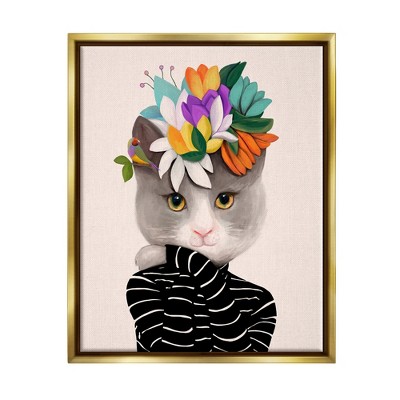 Stupell Industries Bold Floral Design Grey Cat Striped Sweater