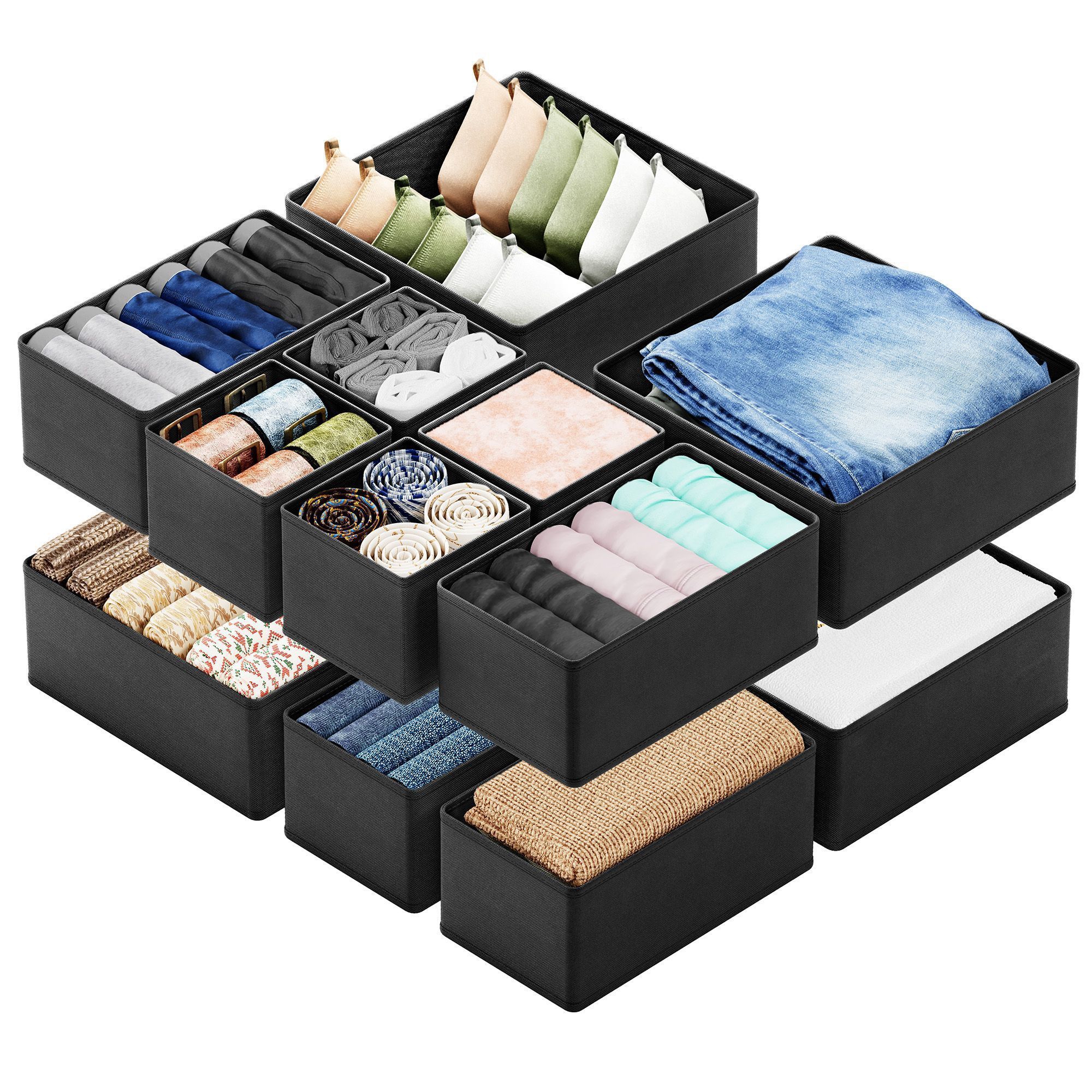 Set of 12 Collapsible Drawer Organizer Bins for Clothes, Closet Organizers and Storage Dividers for Clothing (Black)