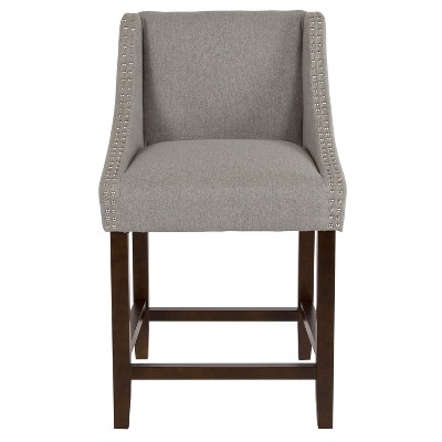 Gray Leather and Wood Swivel Counter Stool with Nail Trim, 29"