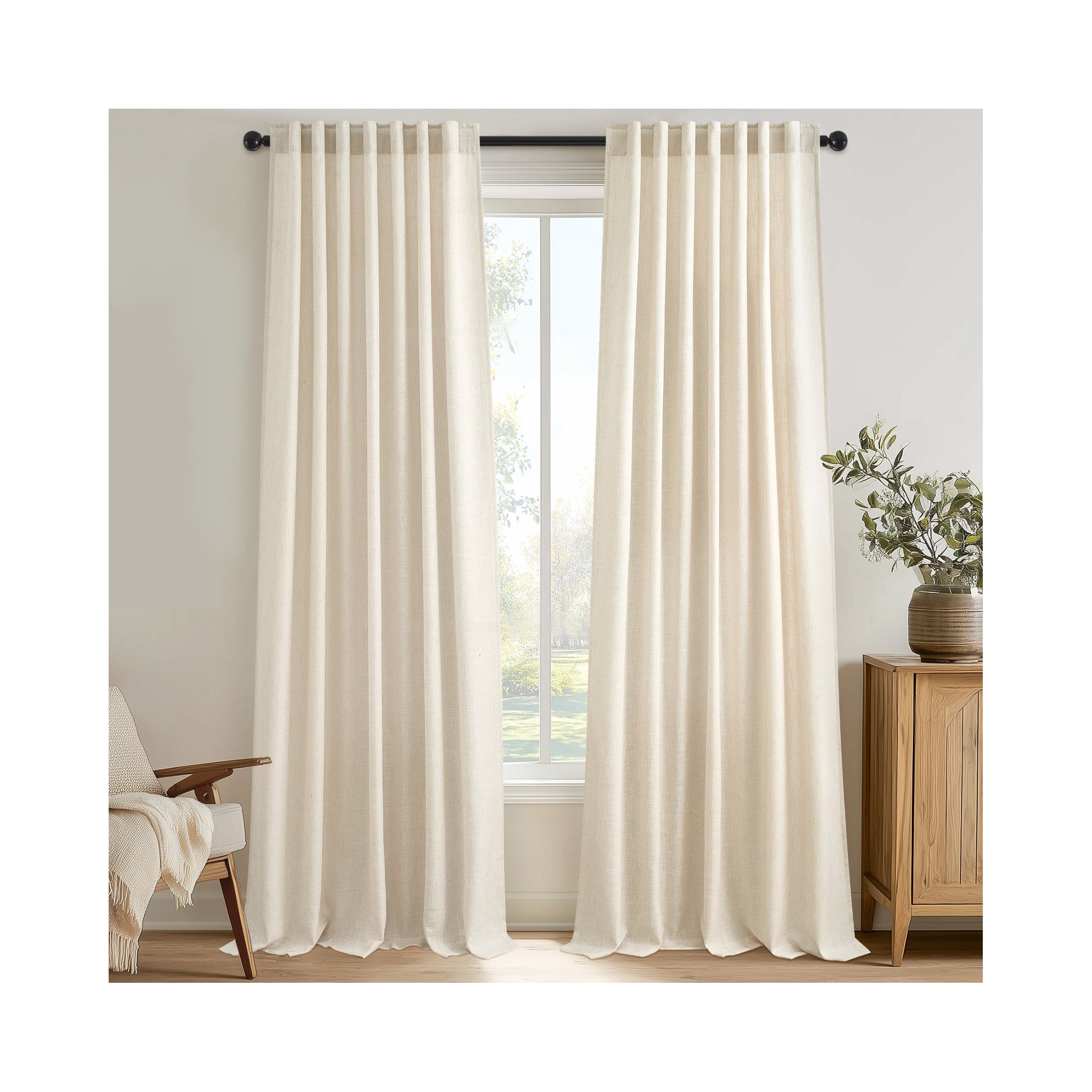 Back Tab Curtains for Living Room 2 Panels Rustic Farmhouse Burlap Thick Linen Textured Light Filtering Semi Sheer Curtain 84 Inch Long Cream