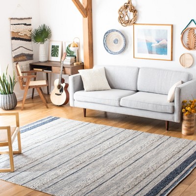 Ivory and Navy Striped Wool Cotton 8' x 10' Area Rug