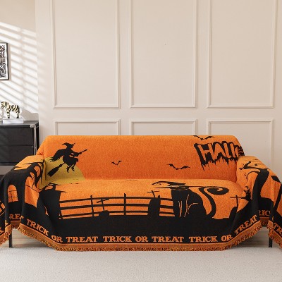 Classic Halloween orange sofa cover with black cat,pumpkin,and spider web patterns,non slip,scratch resistant,living room sofa cover