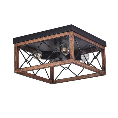 Farmhouse Semi Flush Mount Ceiling Light, Square Wood and Black Metal Cage Fixture with 3 Lights