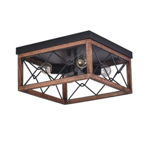 Farmhouse Semi Flush Mount Ceiling Light, Square Wood and Black Metal Cage Fixture with 3 Lights - 1 of 4