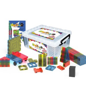 Mag Genius 120 pieces Magnetic Mathematical Shaped Colorful and Transparent Building Tiles + Bonus 13 double sided, click-in; Alphabet Letters - 1 of 4
