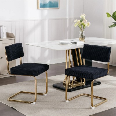 Black Modern Corduroy Dining Chair, Gold Metal Base, Armless Kitchen Chair with Fluted Tufting, Side Chair, Set of 2