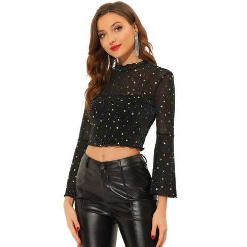 Allegra K Women's Mesh Crop Top Stars Pattern Glitter Sheer See Through  Blouse Black X-small : Target