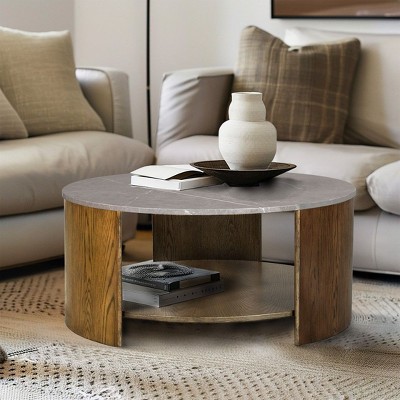 NicBex Round Mixed Material Coffee Table with Storage Shelf,Natural-Style Tea Table, Center Table for Living Room