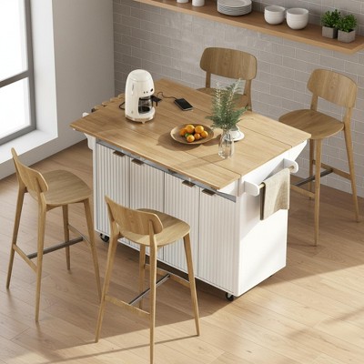 Homy Casa 55.5" Fluted Kitchen Island with Drop Leaves, Power Outlet & Storage Cabinets