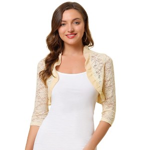 Allegra K Women's Elegant Ruffle Collar Sheer Floral Lace Crop Shrug - 1 of 4