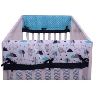 Bacati - Woodlands Aqua/Navy/Gray Boys Cotton Crib Rail Guard Covers set of 2 - 1 of 4