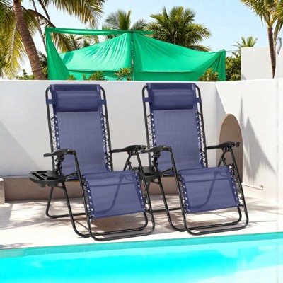 INFURNIC Outdoor Portable Chairs Patio Folding Recliners Lounge Chairs For Pool Beach Garden With Pillow And Cup Holder, Blue, 62.8"*24.22"*43.3"