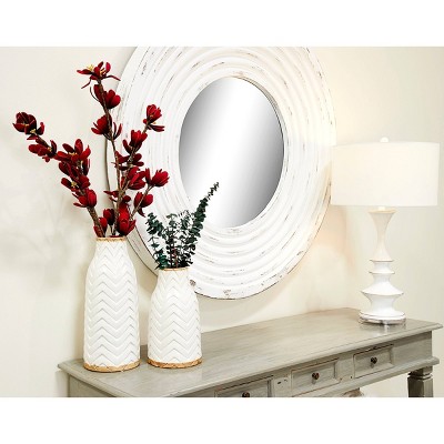 White Chevron Pattern Ceramic Vase with Brown Base, 12"