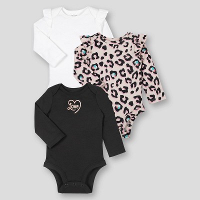Lamaze Baby Girls' 3pk Organic Cotton Leopard Love Long Sleeve Bodysuit - Leopard/Black/White Newborn