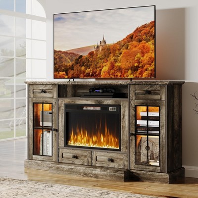 AOXUN 58" Fireplace TV Stand, Entertainment Center with 23" Electric Fireplace for TVs up to 65 Inch, Glass Doors, Media Console Cabinet, Grey