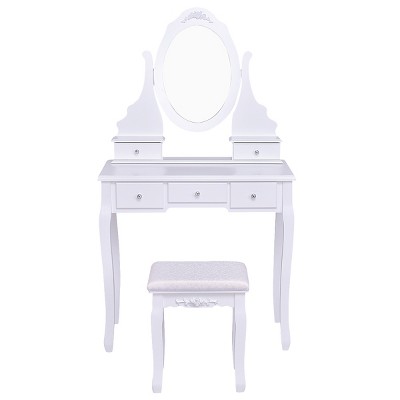 Tangkula Oval Vanity Mirror Dressing Table Beauty Dresser Cosmetics Organizer w/ Cushioned Bench